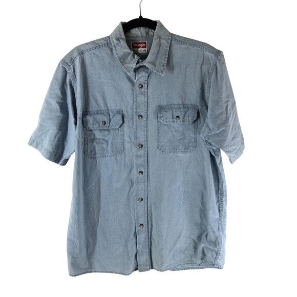 Wrangler Mens Button Down Shirt Chambray Premium Quality Chest Pockets Blue M - Picture 1 of 3
